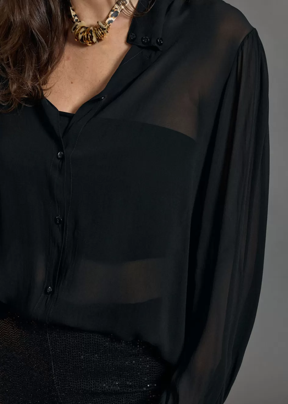 Lauren Vidal Chemises & Blouses-CHEMISE EN CREPE TRANSPARENTE ETOILE Noir