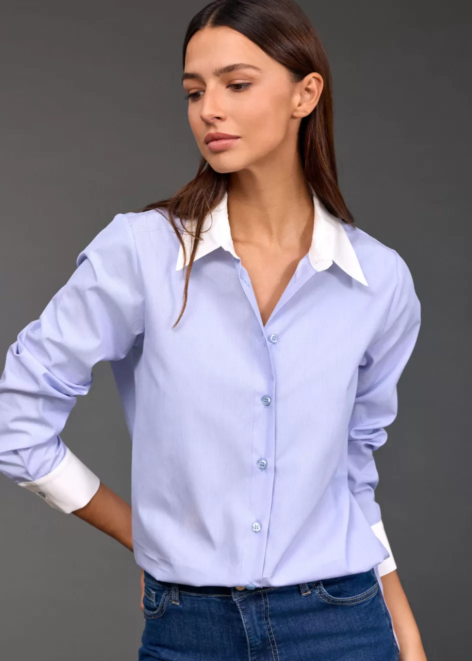 Lauren Vidal Chemises & Blouses-CHEMISE POPELINE BICOLORE SARI Ciel