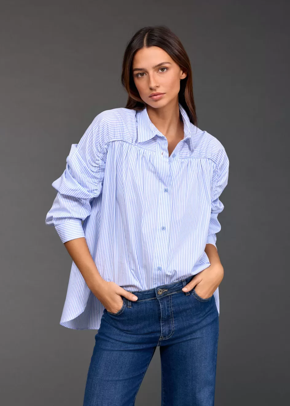 Lauren Vidal Chemises & Blouses-CHEMISE RAYÉE BIMBA Ciel