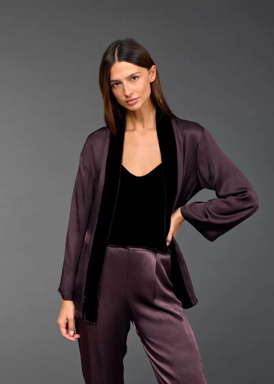 Lauren Vidal Vestes & Manteaux-VESTE KIMONO BI-MATIÈRE AMBRE Raisin