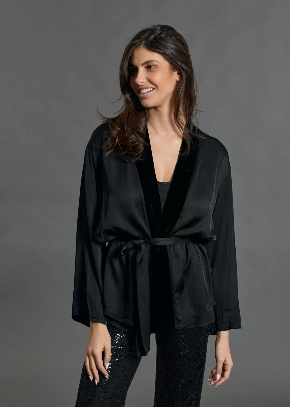 Lauren Vidal Vestes & Manteaux-VESTE KIMONO BI-MATIÈRE AMBRE Noir